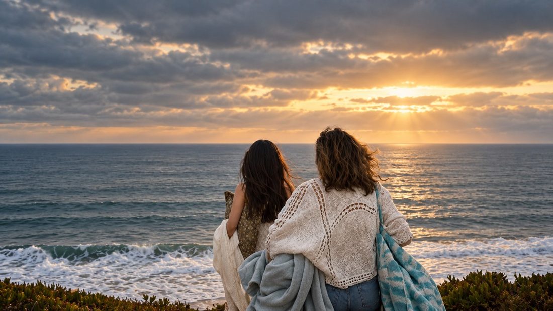 Two friends watching the golden horizon on the California coast